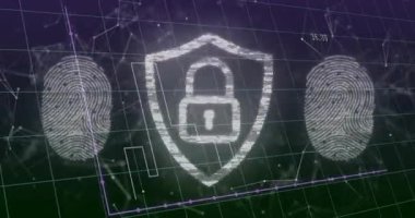 Animasyon tarzında veri şebekesini kaplayan parmak izleri olan dijital güvenlik kalkanı. Siber güvenlik, şifreleme, biyometrik, gizlilik, koruma, teknoloji