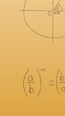 Turuncu arkaplandaki matematiksel denklemlerin animasyonu. küresel bilim ve dijital arayüz kavramı dijital olarak oluşturulmuş video.