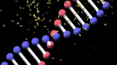 Etrafında küreler ve altın konfeti yüzen renkli DNA iplikçiklerinin animasyonu. Genetik, biyoteknoloji, moleküler, bilim, laboratuvar, araştırma
