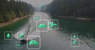 Nehirde gezinen, orman manzarası üzerinde çevresel ikonların canlandırıldığı bir tekne. Doğa, sürdürülebilirlik, ekosistem, macera, keşif, koruma