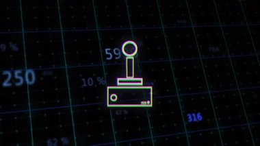 Arka planda sayısal veri bulunan dijital ızgarada joystick simgesinin animasyonu. Oyun, teknoloji, kontrol, arayüz, elektronik