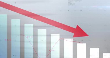 Çubuk grafikte finansal düşüş gösteren kırmızı aşağı doğru ok animasyonu. Ekonomi, durgunluk, ticaret, borsa, analiz, finans