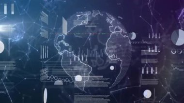 Dünya haritasını kaplayan dijital veri haritalarının animasyonu, küresel analitikleri gösteriyor. teknoloji, istatistik, bilgi