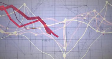 Şebeke arka planında kırmızı ve sarı çizgilerle değişen veri eğilimlerinin canlandırılması. Analiz, istatistik, grafik, veri görselleştirme, finansal, grafik