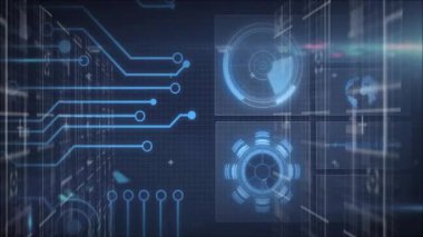 Koyu mavi arka planda gelecekteki dijital devre kalıplarının animasyonu. Teknoloji, yenilik, siber, ağ, elektronik, veri