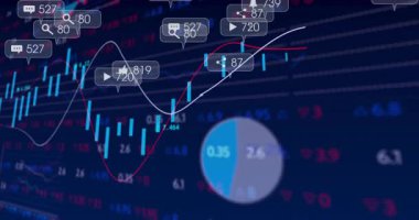 Okul ortamındaki finansal tablolarda sosyal medya bildirimlerini kapsayan animasyon. Finans, analitik, teknoloji, eğitim, dijital, öğrenim