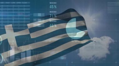 Dijital veriler ve dünya haritası grafikleri üzerinde dalgalanan Yunan bayrağının animasyonu. Teknoloji, küresel, coğrafya, ağ, ulusal, bilgisayar