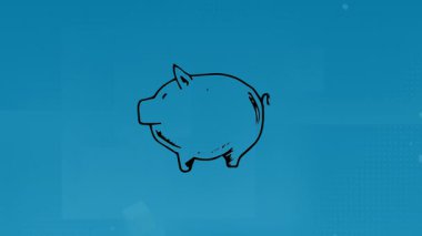 Mavi arka planda dolar işareti olan domuz kumbarasının animasyonu. Tasarruf, finans, para, yatırım, ekonomi, para birimi