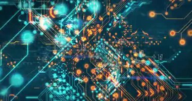 Mavi ve turuncu dijital desenli devre kartının ışıltılı animasyonu. Teknoloji, elektronik, yenilik, fütürist, ağ, bağlantı