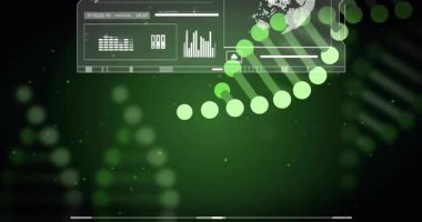 DNA ipliği ve veri çizelgesi dijital arayüz arkaplanı üzerinde animasyon oluşturur. Biyoteknoloji, genetik, tıbbi, bilim, yenilik, araştırma