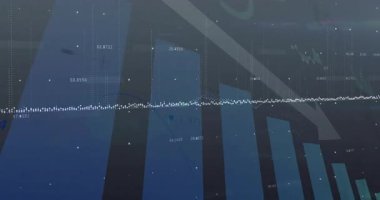 Okuldaki soyut mavi arkaplan üzerinde değişen grafiklerin ve numaraların animasyonu. İstatistikler, veriler, analitik, finans, matematik, büyüme