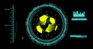 Diyagramlar ve futbol hareketleri üzerinden veri işleme görüntüsü. Küresel teknoloji, spor ve dijital arayüz kavramı dijital olarak oluşturulmuş görüntü.