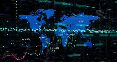 Dünya haritası üzerinde veri işleme resmi. Teknoloji, iş ve dijital arayüz kavramı dijital olarak oluşturulmuş görüntü.