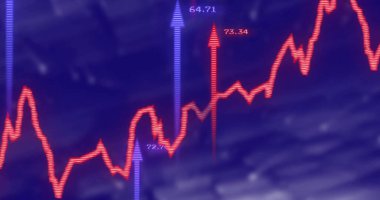 Oklar üzerinden finansal veri işleme resmi. Küresel finans, iş, bağlantılar, hesaplama ve veri işleme kavramı dijital olarak oluşturuldu.