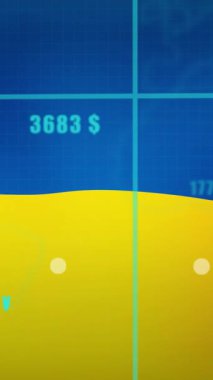 Finansal verilerin animasyonu ve Ukrayna bayrağı üzerinde grafik. Ukrayna krizi, ekonomik kriz ve dijital olarak üretilen uluslararası politika konsepti.