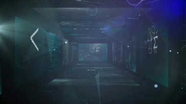 Fütürist dijital koridorda yüzen matematiksel sembollerin ve denklemlerin animasyonu. Matematik, teknoloji, veri, sanal, bilim, hesaplama