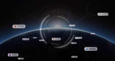Uzaydan gelen dijital bildirimler ve veri animasyonları. Teknoloji, iletişim, küresel, ağ, uydu, fütürist