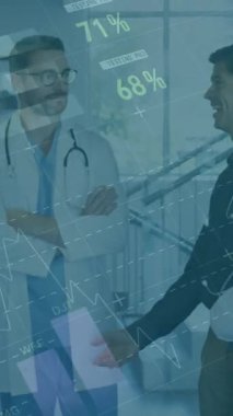 Muayene sırasında çeşitli kadın ve erkek doktorlarla ilgili grafik ve verilerin animasyonu. tıp, sağlık, ekonomi ve teknoloji kavramı. ,.