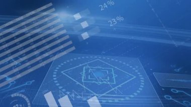 Dijital veriler, pasta grafikleri ve mavi animasyon arkaplanındaki yüzdeler analiz ediliyor. Analiz, istatistik, bilgi grafikleri, teknoloji, iş dünyası, rapor