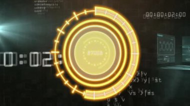 Arka planda dijital sayılarla parlayan dairesel arayüzün animasyonu. Teknoloji, gelecekçi, neon, hologram, yenilik, siber