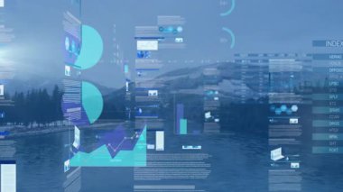 Huzurlu dağ gölü manzarasını kaplayan veri canlandırma grafiklerinin animasyonu. analitik, bilgi, doğa, sükunet, fütüristik, uyum