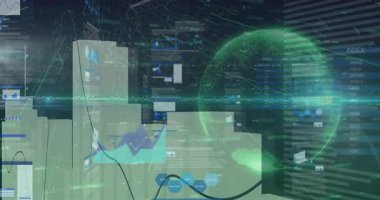 Parlak yeşil dünya animasyonunu kaplayan dijital veri grafikleri ve grafikleri. Analizler, veri görselleştirme, küresel, teknoloji, sanal, fütüristik