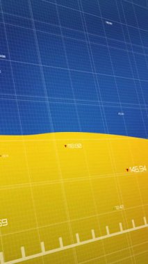 Finansal verilerin animasyonu ve Ukrayna bayrağı üzerinde grafik. Ukrayna krizi, ekonomik kriz ve dijital olarak üretilen uluslararası politika konsepti.