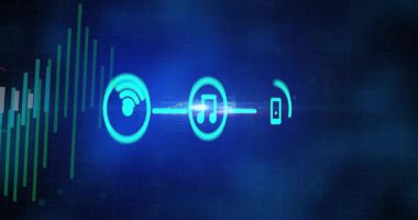 Dijital okul ortamında Wi-Fi, müzik ve akıllı telefon ikonlarının animasyonu. Teknoloji, bağlantı, eğitim, iletişim, kablosuz, mobil