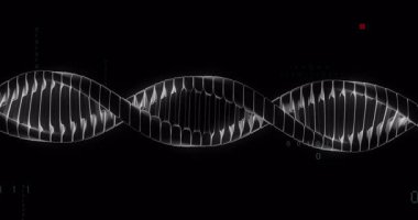 Laboratuvar ortamında bilimsel veriler, DNA dizileri ve ikili kodlama animasyonları işleniyor. Bilim, biyoteknoloji, genetik, biyoenformatik, araştırma, laboratuvar