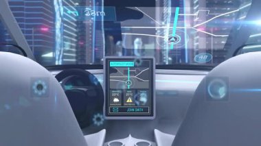 Arabada, otomatik pilot modunun animasyonunu gösteren dijital navigasyon arayüzü. Teknoloji, otomotiv, yenilik, fütüristik, gelişmiş, ulaşım