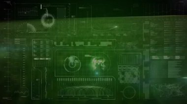 Veri tabloları ve gösterilen dünya haritalarıyla gelecekteki dijital arayüzün animasyonu. Teknoloji, analitik, veri görselleştirme, yenilik, modern