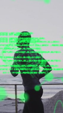 Gezintide koşan Afro-Amerikan bir adama karşı tıbbi veri işleme. Spor fitness ve tıbbi araştırma teknolojisi kavramı