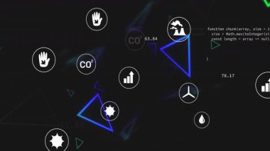 Canlandırılmış geometrik şekiller ve dijital uzayda veri işleme ikonları. teknoloji, soyut, ağ, yenilik, fütürizm, bağlantı