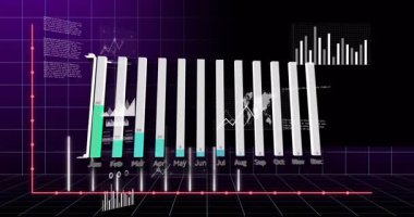 Koyu arkaplanda aylık veri eğilimlerini gösteren 3 boyutlu grafik animasyonu. İstatistikler, görselleştirme, analitik, dijital, grafik, sunum