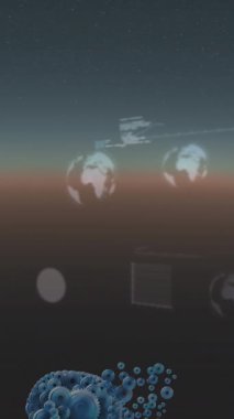 Takunyalı insan kafalarının animasyonu ve kürelerle veri işleme. küresel bilim, bilgisayar ve dijital arayüz kavramı dijital olarak oluşturulmuş video.