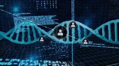 İkili kodlama ve DNA dizilimi bilimsel veri animasyonunu laboratuvarda işliyor. Bilim, teknoloji, araştırma, biyoloji, genetik, analiz