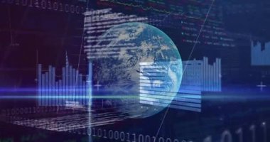 Dijital grafik ve grafikler üzerinden küresel ve finansal veri işleme animasyonu. Finans, analitik, teknoloji, ekonomi, küresel, iş