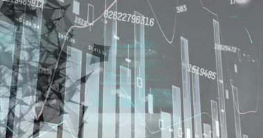 Geometrik arkaplandaki grafik ve sayılarla finansal verilerin görselleştirilmesi. Analizler, finans, grafikler, iş dünyası, ekonomi, görselleştirme