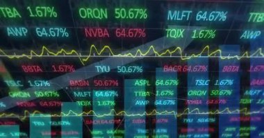 Hisse senedi piyasası animasyonu için canlı renklerde dalgalanan grafikler ve yüzdeler. Finans, analitik, ekonomi, veri görselleştirme, eğilimler, yatırım