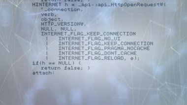 Bilgisayar kodu mavi ve beyaz geometrik arkaplan üzerinde animasyon elemanları ile. Teknoloji, dijital, fütüristik, soyut, yenilik, programlama