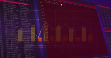 Animasyon oluşturuluyor, programlama ekranda veri görselleştirme grafikleriyle kodlanıyor. Teknoloji, yenilik, yazılım, geliştirme, analitik, dijital