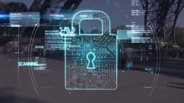 Sokak sahnesinde dijital kilit ve veri işleme animasyonu. Teknoloji, siber güvenlik, şehir manzarası, güvenlik