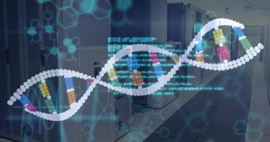 Okul ortamında bilimsel veriler, DNA dizileri ve ikili kodlama animasyonları işleniyor. Bilim, biyoteknoloji, genetik, araştırma, eğitim, analiz