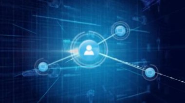 Dijital mavi arkaplan üzerinde bağlantılar ve veri işleme animasyonu ağı. Teknoloji, bağlantı, siber uzay, teknoloji