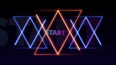 Koyu arkaplanda renkli START metin animasyonu olan neon geometrik şekiller. parlak, canlı, dijital, soyut, modern