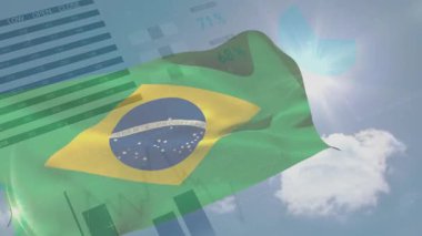 Brezilya bayrağı finansal veri tabloları ve grafik animasyonları üzerinde dalgalanıyor. Ekonomi, finans, yatırım, hisse senedi, analitik, para
