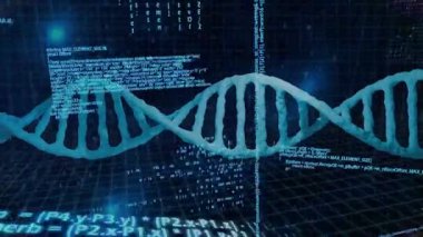 Bilimsel veriler işleniyor, DNA dizilimi ikili kodlama ile animasyon tarzında. Biyoteknoloji, genetik, biyoenformatik, dijital, yenilik, analiz