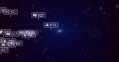 Animasyon tarzında yıldızlı gece gökyüzünde dolaşan sosyal medya bildirimleri. Dijital, animasyon, teknoloji, ağ, iletişim, göksel