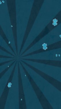 Dönen çizgili koyu mavi arka planda süzülen mavi yapbozların animasyonu. Ulusal bulmaca günü ve beyin aktivitesi konsepti dijital olarak oluşturuldu.