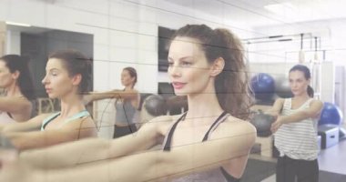 Spor salonunda egzersiz yapan, finansal veri grafiği olan kadınlar sahneyi örtüyor. Fitness, egzersiz, teknoloji, finans, analitik, sağlık